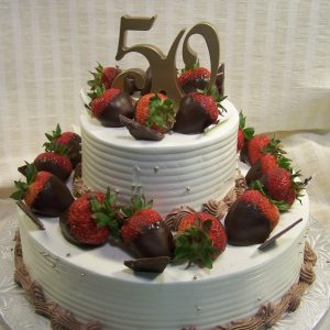Two Tier Cake with Dipped Strawberries & 50 Topper
